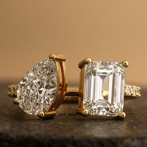 Toi et Moi Moissanite Engagement Ring: Emerald & Pear, Sterling Silver