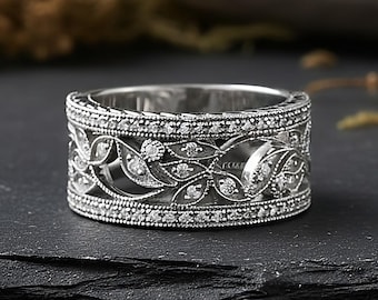 Wide Vintage Floral Filigree Band – Antique Style Milgrain Wedding Ring in Sterling Silver