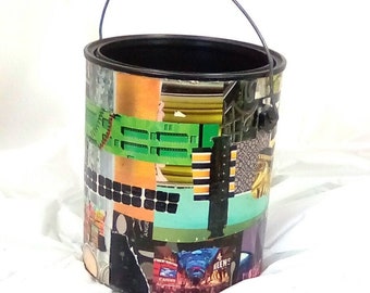 8 by 7 in. Collaged Paint Can Repurposed into a Nice Carrier with Handle