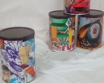 Canned Storage Bin Upcycled Colorful Collaged Storage or Bin