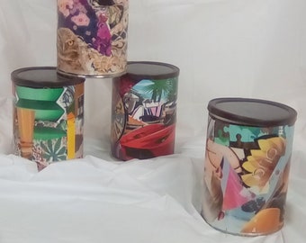 Artsy Collaged Coffee Can Riciclato in un Cestino di stoccaggio funzionale per i vostri keepsakes