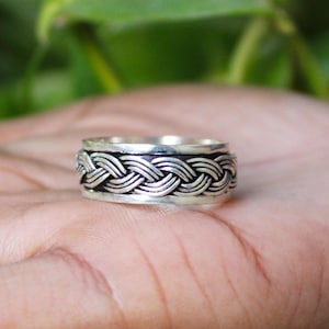 Women’s Braided Sterling Silver Ring, Viking Norse Knot Band, Handmade Oxidized Ring, Spinner Ring, Braided Ring, Fidget Anxiety Jewelry