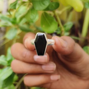 Gothic Coffin Ring, Black Onyx Silver Ring, Witchy Jewelry, Coffin Shape Black Gemstone Ring, Handmade Jewelry, Sterling Silver Black Coffin