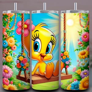 May include: Three stainless steel tumblers with a colorful cartoon design featuring Tweety Bird on a swing. The tumblers are decorated with flowers, a blue sky, and a bright sun. The design is vibrant and eye-catching.