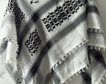 Kufiya Palestine Scarf, White Black Checkered Shemagh, Traditional Arabic Head Wrap