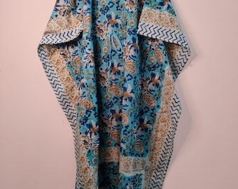Blaues, handbedrucktes Kaftankleid aus Baumwolle mit Blumenmuster, Boho-Maxi-Strandkleid