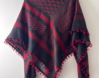 Sciarpa Keffiyeh nera e rossa, scialle Kufiya tradizionale, con nappe, unisex (122 x 122 cm)