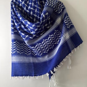 Può includere: Una sciarpa blu brillante e bianca con un motivo tradizionale keffiyeh e un design a griglia geometrica. Il tessuto presenta un bordo a zigzag ripetuto lungo i lati ed è rifinito con piccole nappe bianche annodate agli angoli.