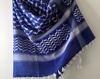 Blue Palestine Keffiyeh Scarf, Traditional Kufiya Cotton Wrap, Tassel Shawl