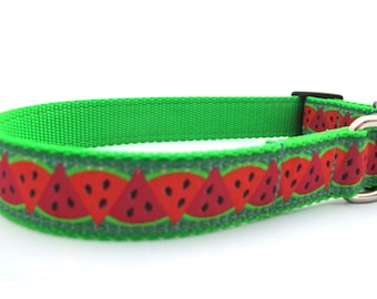 Yummy Watermelon 1" ribbon dog collar on webbing, adjustable - Vibrant Color - Made on Martha's Vineyard