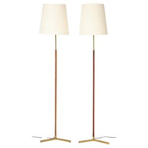 Mid-Century Modern Tripod Floor Lamp: Brass & Leather Accent