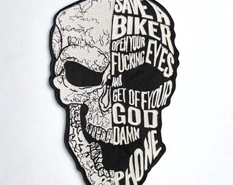 Parche trasero de calavera Save a Biker: parche termoadhesivo de calavera bordada para chaleco o chaqueta de cuero