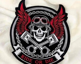 Parche de motociclista con alas de calavera: parche termoadhesivo bordado Ride or Die de 30 cm