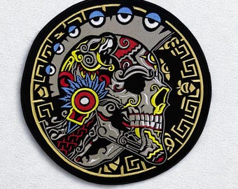 Parche de calavera azteca: gran emblema de guerrero bordado termoadhesivo