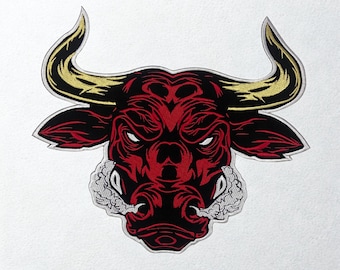 Parche bordado de demonio toro ardiente / Insignia gótica para chaqueta de motociclista con toro resoplando y fosas nasales humeantes
