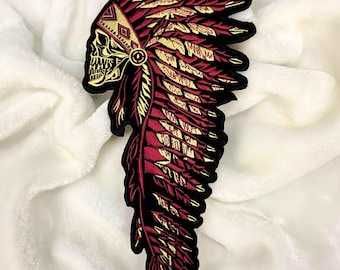 Parche de tocado de calavera de nativos americanos: aplique termoadhesivo bordado para chaleco de motociclista