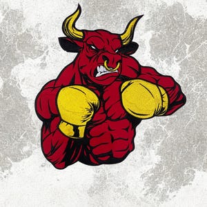 May include: A red bull with yellow boxing gloves and horns, set against a textured gray background. The bull has a gold nose ring and an angry expression, suggesting strength and aggression. The image is a stylized illustration.