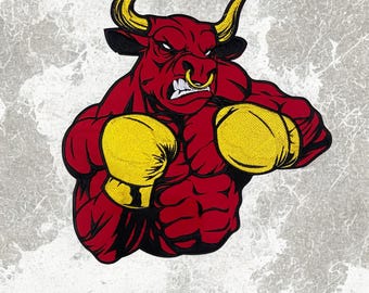 Parche bordado de toro boxeador: aplique musculoso rojo - Termoadhesivo/cosido