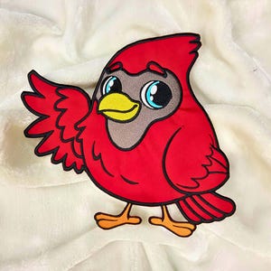 Geborduurde rode cartoon-vogelpatch: opstrijkappliqué, 10 inch
