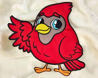 Parche bordado de pájaro rojo de dibujos animados: aplique termoadhesivo, 10 pulgadas