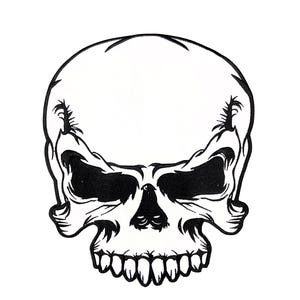May include: A monochrome illustration of a human skull. The image shows a frontal view of the skull, with detailed shading and a strong contrast between black and white. The teeth are clearly defined.