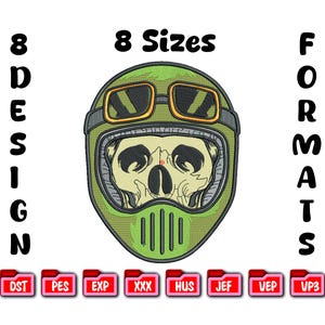 May include: Green motorcycle helmet with a skull design, featuring gold-rimmed goggles. The image includes the text "8 Sizes" and "8 Design Formats" along with various file format icons.