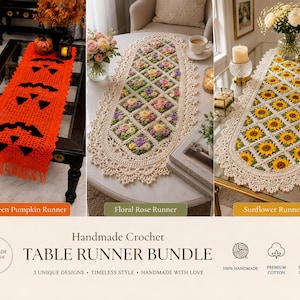 May include: A bundle of three handmade crochet table runners. One is bright orange with black jack-o'-lantern face cutouts. The second is oval-shaped with a cream border and a grid of colorful rose motifs. The third is oval-shaped with a cream border and a grid of yellow sunflower motifs.