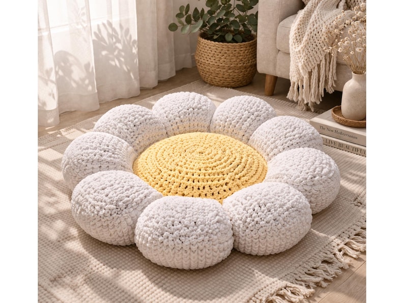 May include: A handmade, daisy-shaped floor cushion. The center is yellow, surrounded by white, rounded petals. The cushion is made of a soft, textured material, perfect for a cozy living space. The design is reminiscent of a flower.