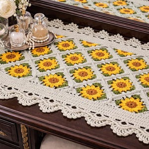 Schema per runner da tavola all'uncinetto a forma di girasole / Quadrato della nonna, decorazione pasquale (PDF digitale)