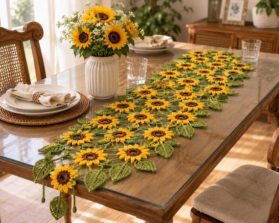 Sunflower Crochet Table Runner Pattern | Beaded Floral Lace Decor (PDF Download)