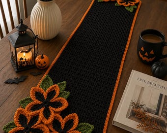 Halloween Crochet Table Runner PDF | Floral Fall Decor Pattern | Farmhouse Dining Accent | Autumn Centerpiece Tutorial | Seasonal Decoration