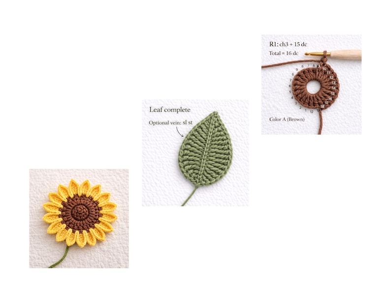 May include: A crochet tutorial showing a yellow and brown sunflower, a green leaf with the text Leaf complete and Optional vein: sl st, and a brown circular crochet piece with a hook and text R1: ch3 + 15 dc Total = 16 dc Color A (Brown).