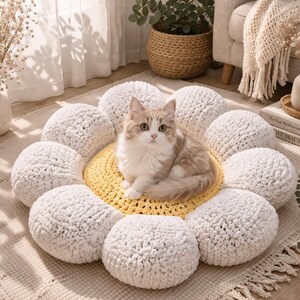 May include: A fluffy cat sits in the center of a daisy-shaped pet bed. The bed has a yellow center and white, round petals. The cat has light brown and white fur. The bed is on a rug.