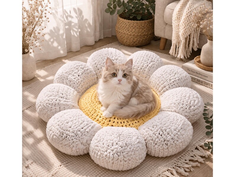 May include: A fluffy cat sits in the center of a daisy-shaped pet bed. The bed has a yellow center and white, round petals. The cat has light brown and white fur. The bed is on a rug.