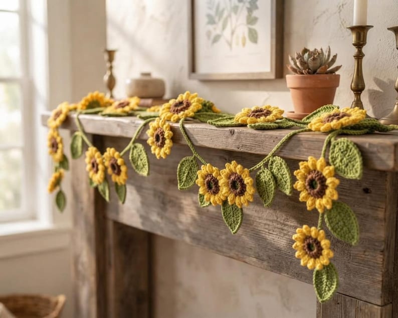 May include: A decorative garland featuring crocheted sunflowers with bright yellow petals and dark brown centers, interspersed with green crocheted leaves. The floral garland is draped across a surface, showcasing multiple connected flower heads.