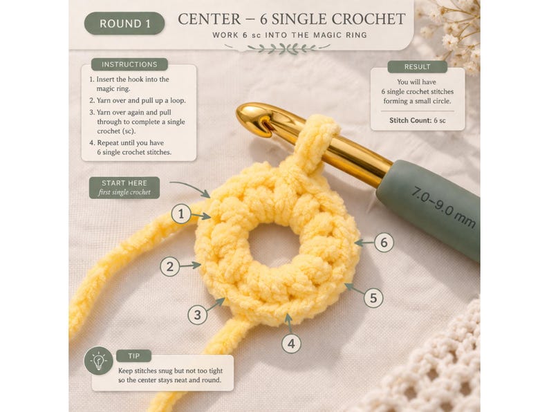 May include: A close-up of a crochet project in progress, featuring a yellow yarn circle and a crochet hook. The image includes instructions for the first round of single crochet stitches, with the text "CENTER - 6 SINGLE CROCHET". The hook is 7.0-9.0 mm.