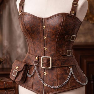 May include: Brown faux leather corset with adjustable straps, buckles, and a small pouch. The corset features a steampunk design with a silver chain and gold-colored accents. The garment is displayed on a mannequin.