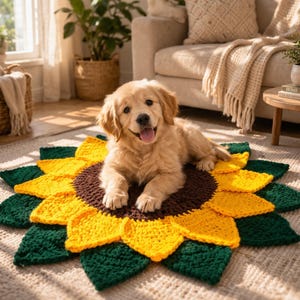 Può includere: Un cucciolo di golden retriever è sdraiato su un tappeto a forma di girasole fatto a mano all'uncinetto. Il tappeto presenta un centro marrone, petali gialli e foglie verdi. Il cucciolo sorride, con la lingua di fuori, in un accogliente soggiorno.