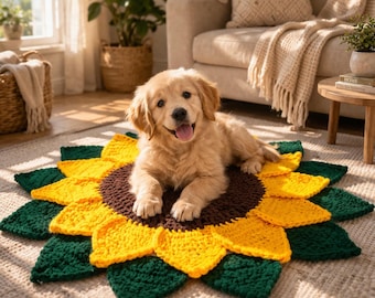 Crochet Sunflower Throw Blanket pattern | Chunky Yarn Pet Bed Cover (PDF Download)