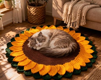 Funda de cama para mascotas con girasoles de ganchillo / Alfombra redonda floral para gatos y perros, manta acogedora para la decoración del hogar.