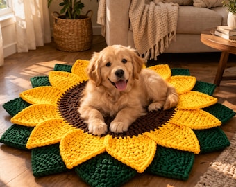 Sunflower Crochet Pet Bed Cover | Handmade Floral Cat Mat, Cozy Dog Nest Decor