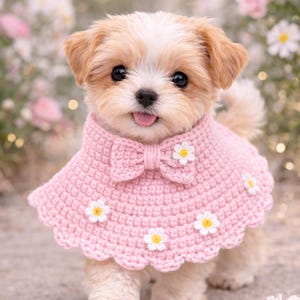 May include: A small, fluffy puppy with tan and white fur wearing a pink crocheted cape. The cape features a bow and daisy accents. The puppy is smiling with its tongue out, set against a soft, blurred floral background.