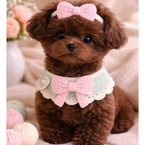 May include: A brown toy poodle wearing a light blue and white crocheted collar with a pink bow and a matching pink bow headband. The dog is sitting on a soft, light-colored surface.