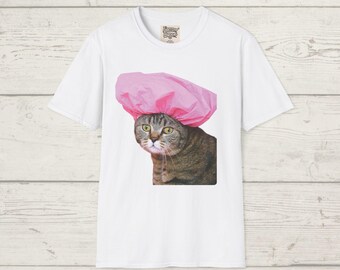 Funny Cat Shower Cap T-Shirt: Humorous Feline Graphic Tee
