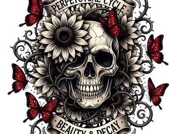 Skull PNG Sublimation Design | Gothic Skeleton Clipart | Floral Sunflower Skull | Butterfly Skull PNG for T-Shirts & Crafts | 300 DPI