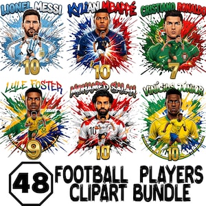 Puede incluir: Seis ilustraciones coloridas de futbolistas, incluyendo a Lionel Messi, Kylian Mbappe y Cristiano Ronaldo, cada uno con nombre y número. También aparece el texto "48 FOOTBALL PLAYERS CLIPART BUNDLE".