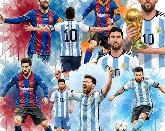 Paquete de imágenes prediseñadas de Lionel Messi / Descarga digital de fútbol argentino / Diseño de sublimación para camisetas, vasos y adornos para tartas / 300 DPI
