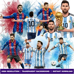 Peut inclure: Un collage numérique présentant plusieurs illustrations de Lionel Messi dans diverses poses, portant les maillots du FC Barcelone et de l'équipe nationale d'Argentine, sur un fond d'éclaboussures d'aquarelle rouge, orange et bleue.