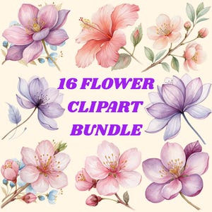 Watercolor Flower Clipart Bundle: Pink & Gold Floral PNGs (Digital Download)
