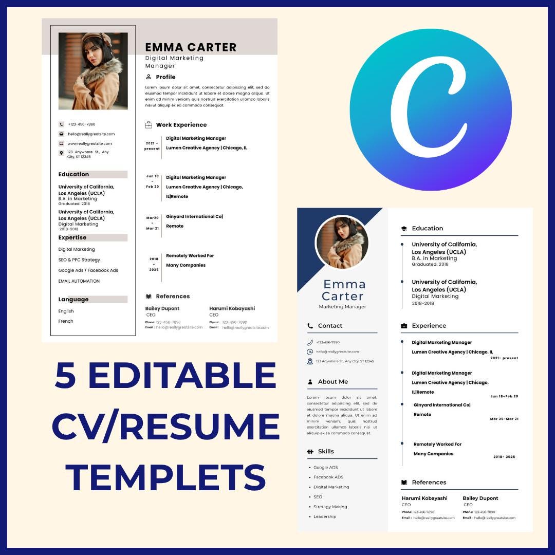 Minimalist Resume Templates for Canva: Editable CV Bundle (PDF Instant ...
